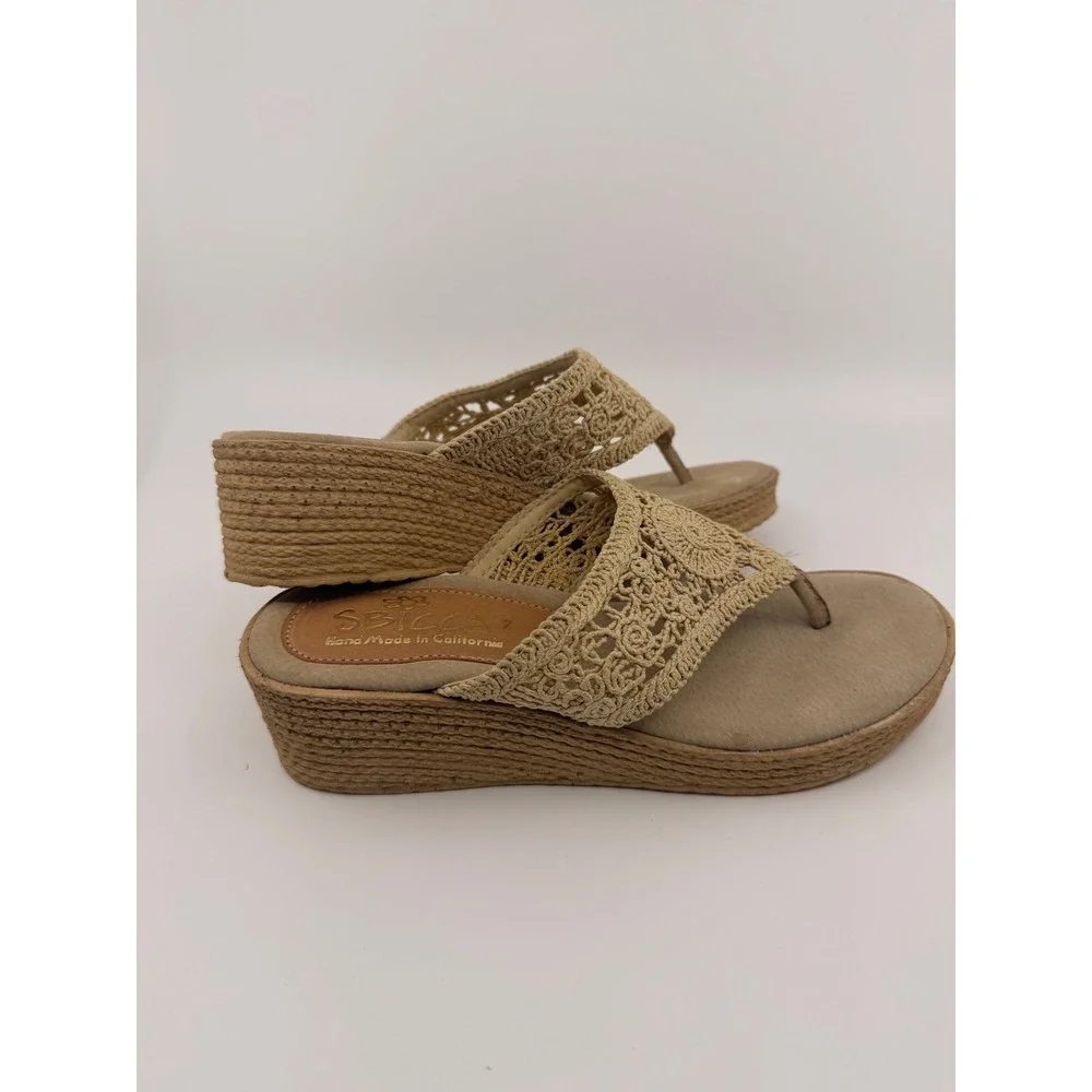 Sbicca Tan Crochet Platform Wedge Sandals Boho Thong Hand Made California Mens 7